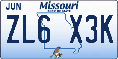 MO license plate ZL6X3K