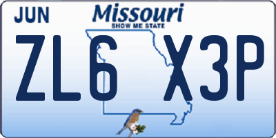 MO license plate ZL6X3P
