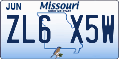 MO license plate ZL6X5W