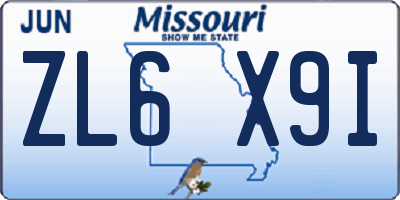 MO license plate ZL6X9I