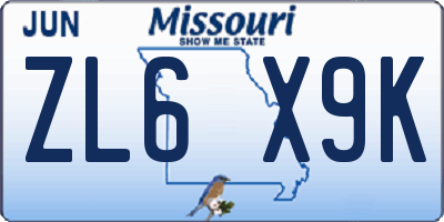 MO license plate ZL6X9K