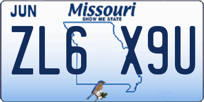 MO license plate ZL6X9U