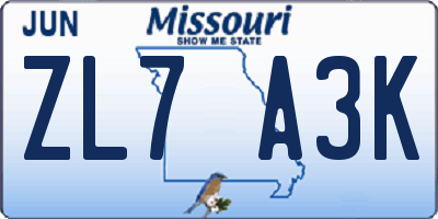 MO license plate ZL7A3K