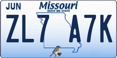 MO license plate ZL7A7K