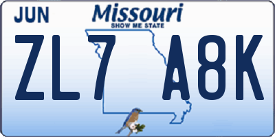 MO license plate ZL7A8K