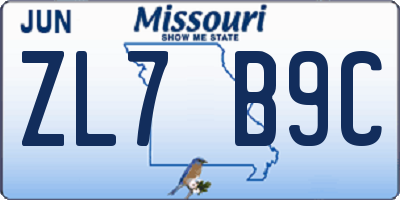 MO license plate ZL7B9C