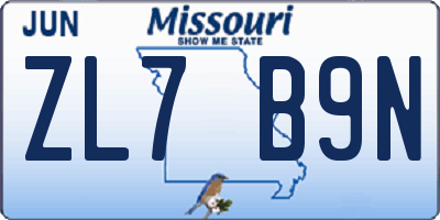 MO license plate ZL7B9N