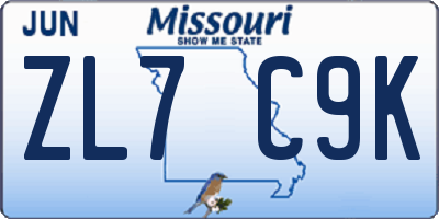MO license plate ZL7C9K