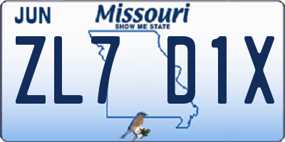 MO license plate ZL7D1X