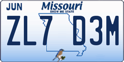 MO license plate ZL7D3M