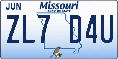 MO license plate ZL7D4U