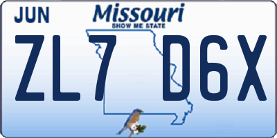 MO license plate ZL7D6X