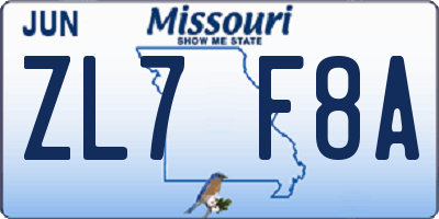 MO license plate ZL7F8A