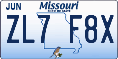 MO license plate ZL7F8X