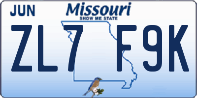 MO license plate ZL7F9K