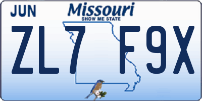 MO license plate ZL7F9X