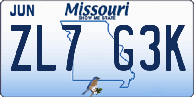 MO license plate ZL7G3K