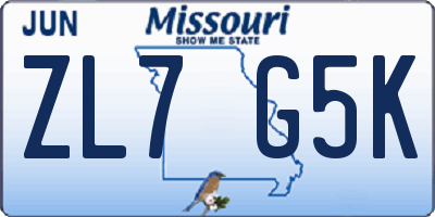 MO license plate ZL7G5K