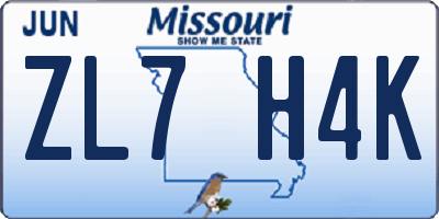 MO license plate ZL7H4K