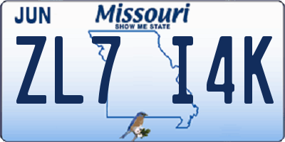 MO license plate ZL7I4K