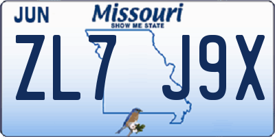 MO license plate ZL7J9X