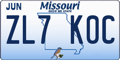 MO license plate ZL7K0C