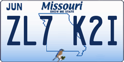 MO license plate ZL7K2I