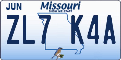 MO license plate ZL7K4A