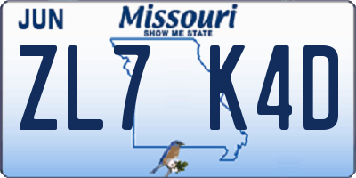 MO license plate ZL7K4D