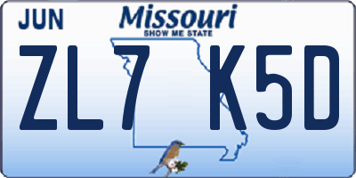 MO license plate ZL7K5D