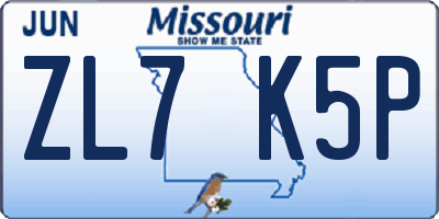 MO license plate ZL7K5P