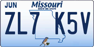 MO license plate ZL7K5V