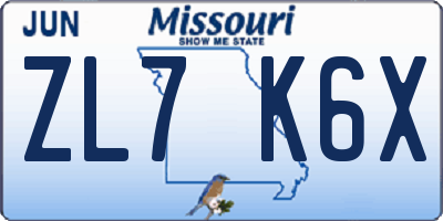 MO license plate ZL7K6X