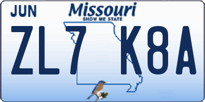 MO license plate ZL7K8A