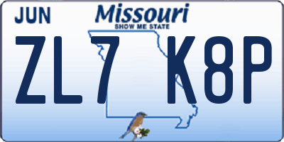 MO license plate ZL7K8P