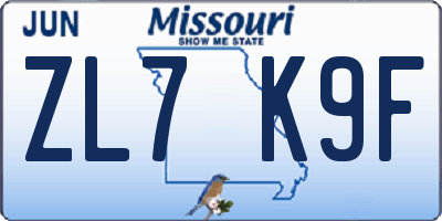 MO license plate ZL7K9F