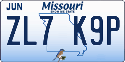 MO license plate ZL7K9P