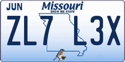 MO license plate ZL7L3X