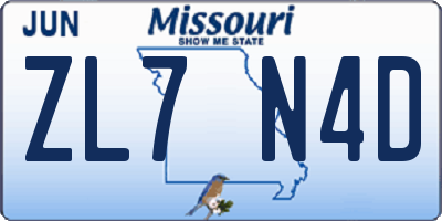 MO license plate ZL7N4D