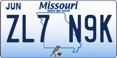 MO license plate ZL7N9K