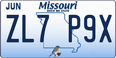 MO license plate ZL7P9X