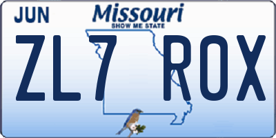 MO license plate ZL7R0X