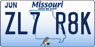 MO license plate ZL7R8K