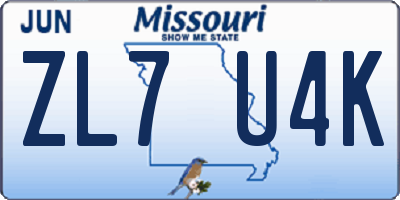 MO license plate ZL7U4K