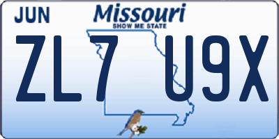 MO license plate ZL7U9X