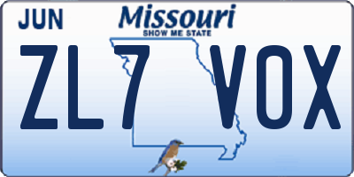 MO license plate ZL7V0X