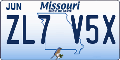 MO license plate ZL7V5X