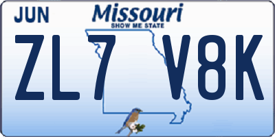 MO license plate ZL7V8K