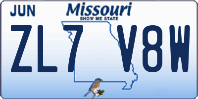 MO license plate ZL7V8W