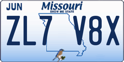 MO license plate ZL7V8X